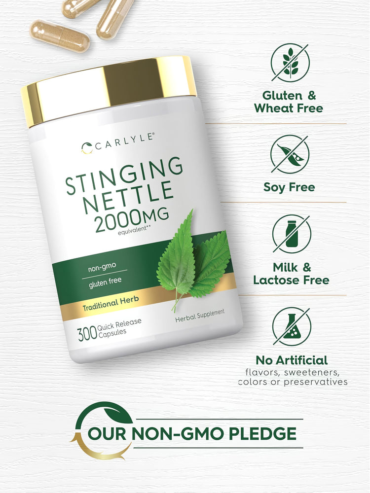 Stinging Nettle bottle with icons indicating Gluten & Wheat Free, Soy Free, Milk & Lactose Free, No Artificial Flavors, Non-GMO.
