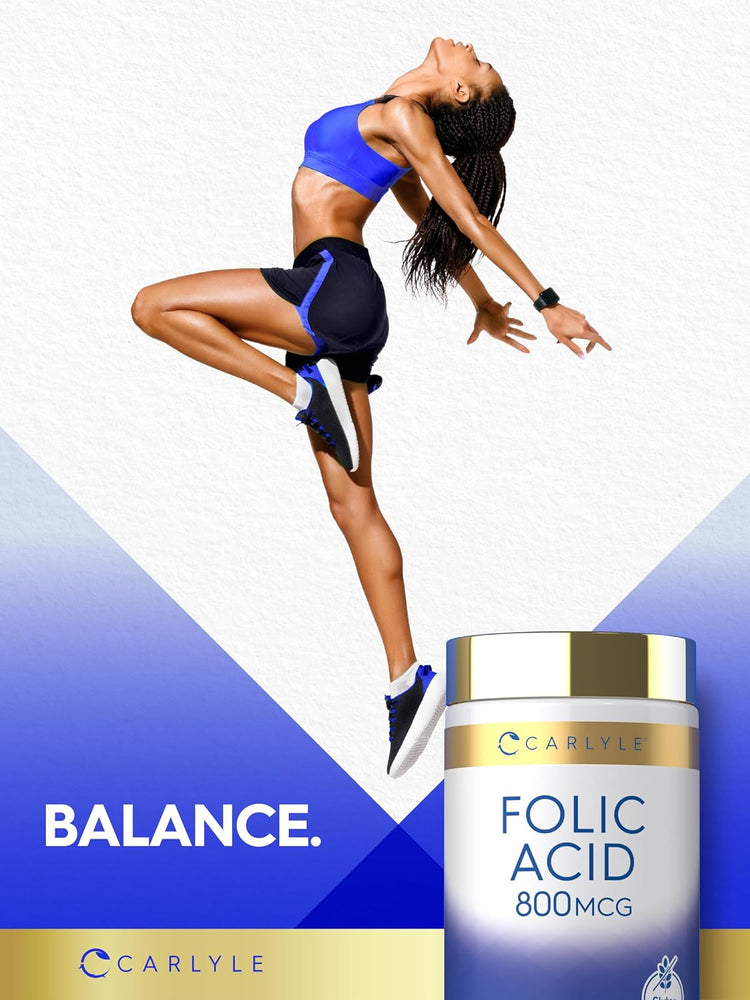 A young woman in athletic wear jumps gracefully next to a Carlyle Folic Acid bottle, showcasing balance and energy.