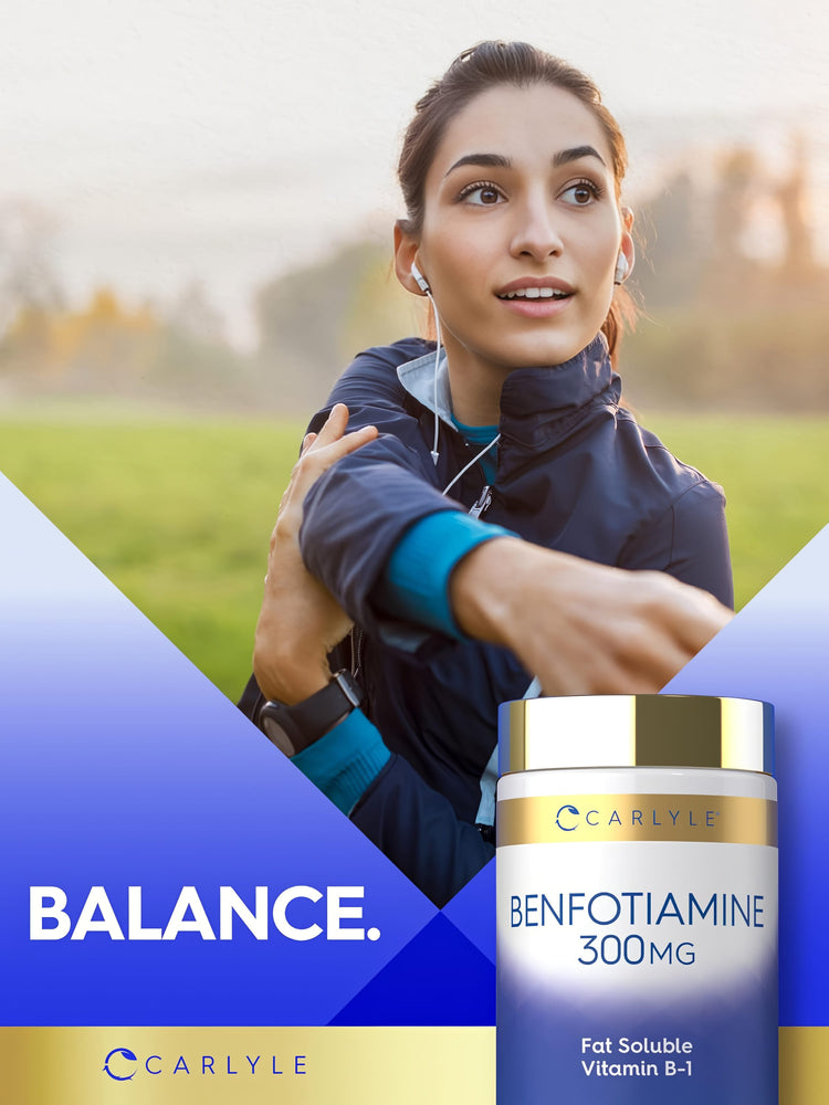 A young adult woman stretches outdoors with a Carlyle Benfotiamine 300 mg bottle beside her.