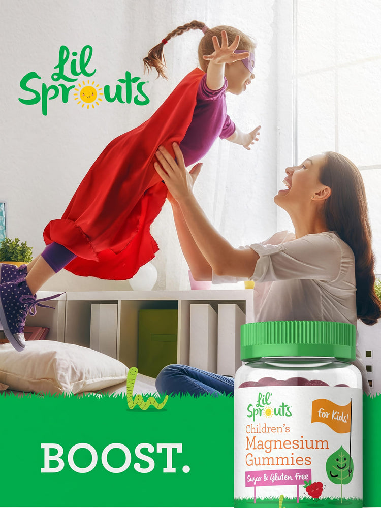 A smiling woman lifts a young girl in a red cape and purple mask as if flying. Lil Sprouts Children's Magnesium Gummies bottle.