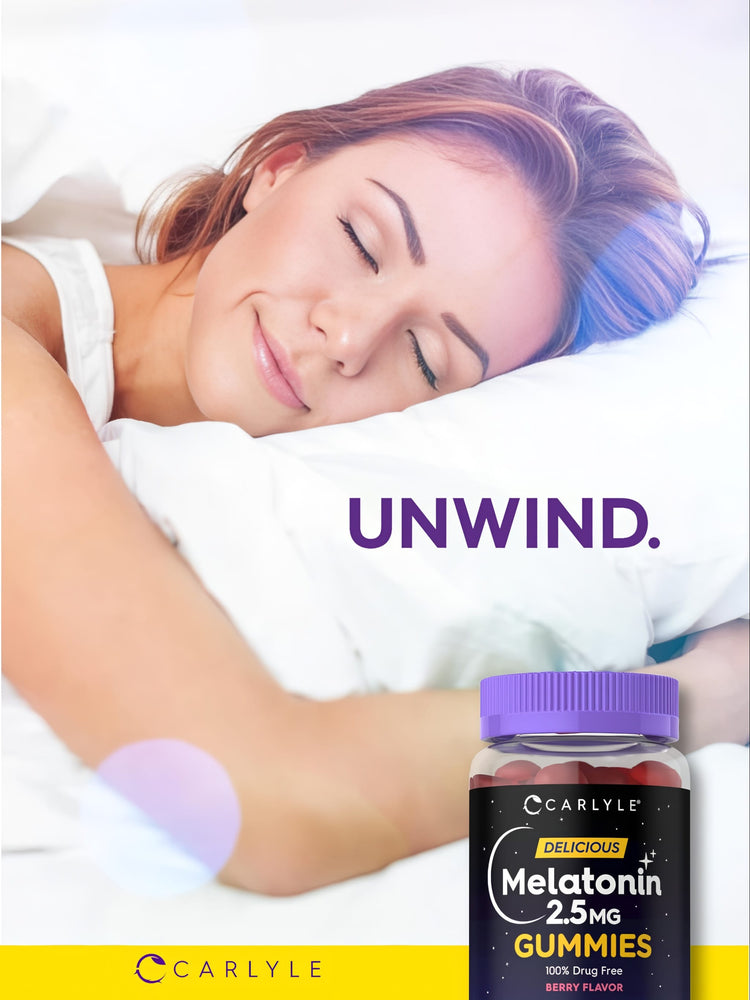 Carlyle Delicious Melatonin 2.5MG Gummies bottle, 100% drug-free, berry flavor, offers natural sleep support.