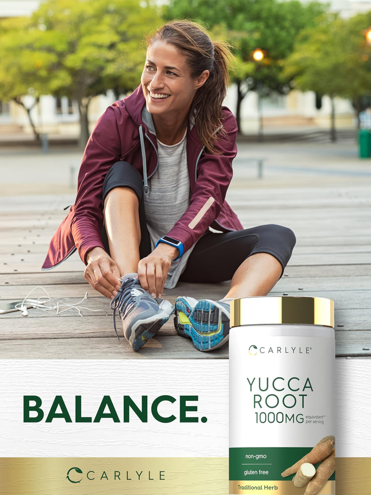 A woman in the outdoors smiles while tying her shoelaces on a deck, next to a Carlyle Yucca Root bottle.