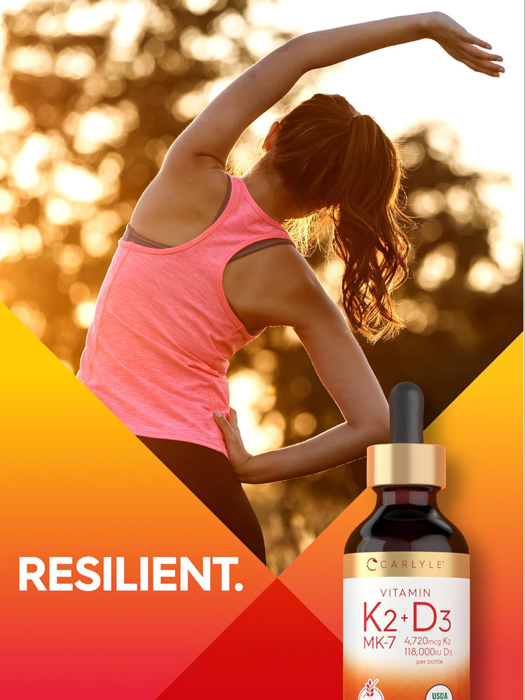 A young woman stretches outdoors near a Vitamin K2 + D3 liquid dropper bottle.