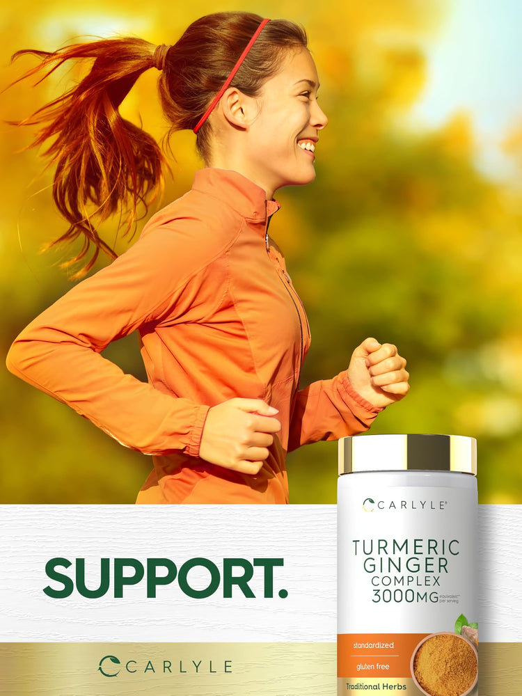 A young woman jogging outdoors next to a Carlyle Turmeric Ginger Complex bottle.