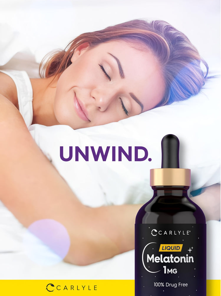 A woman sleeps peacefully beside a Carlyle Melatonin Liquid bottle, emphasizing sleep aid benefits.