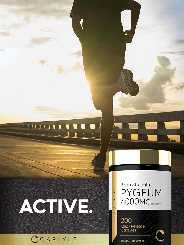 An adult running on a bridge at sunset holding a Pygeum bottle, highlighting an active lifestyle.