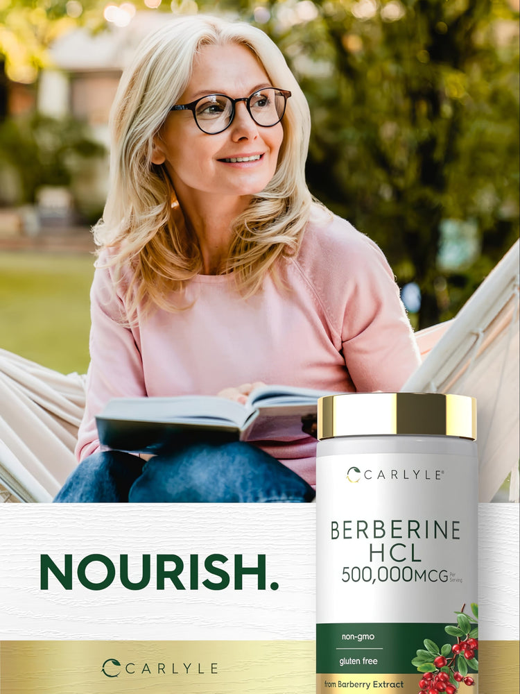 A middle-aged woman relaxes in a hammock while reading, with a Berberine bottle nearby.