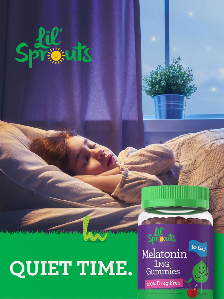 A young child sleeps in bed at night with a bottle of Lil' Sprouts Melatonin Gummies beside them.