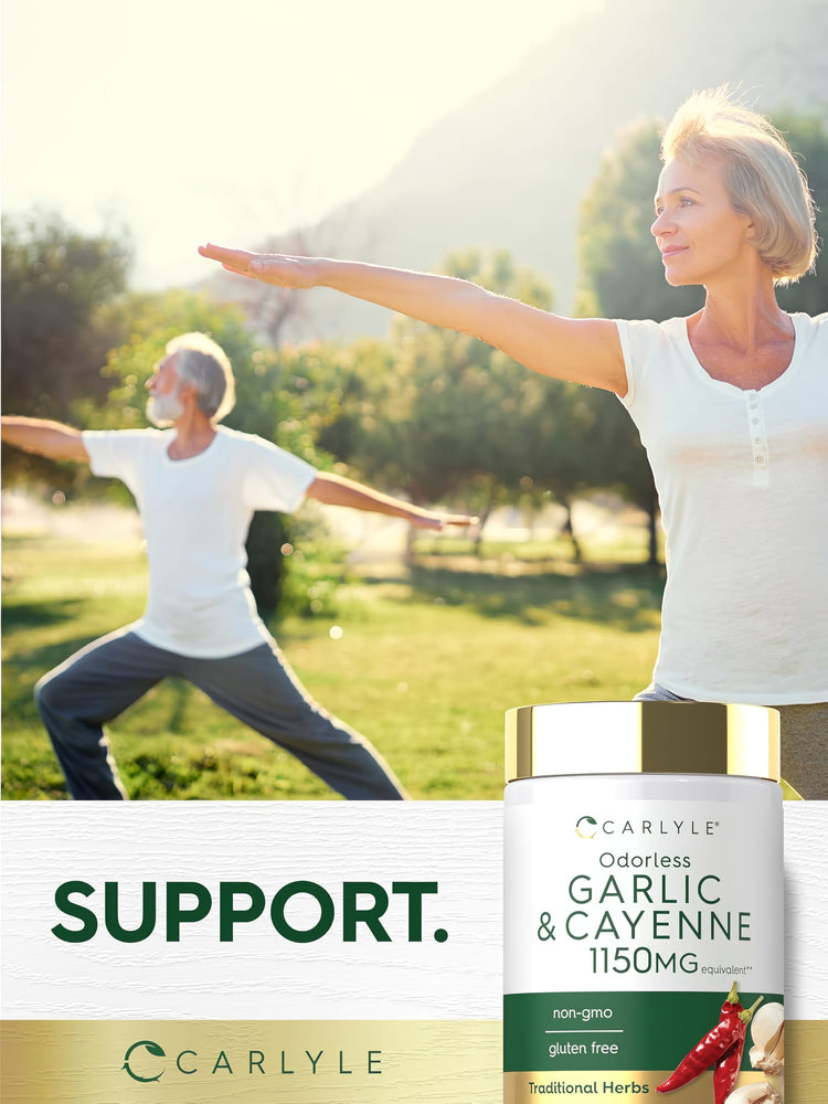 An elderly couple practices yoga outdoors beside a bottle of Carlyle Odorless Garlic & Cayenne.
