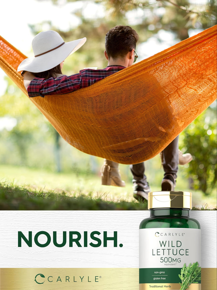 A young couple relaxes in an orange hammock outdoors, accompanied by a Wild Lettuce bottle.