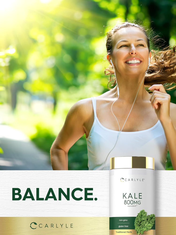 Smiling woman jogging in a sunny park with a Kale supplement bottle.