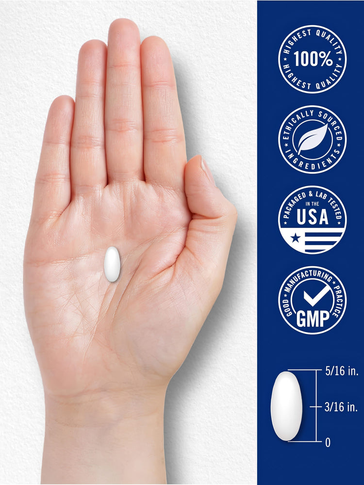 A hand holds a white caplet measuring 5/16 inch long and 3/16 inch wide.