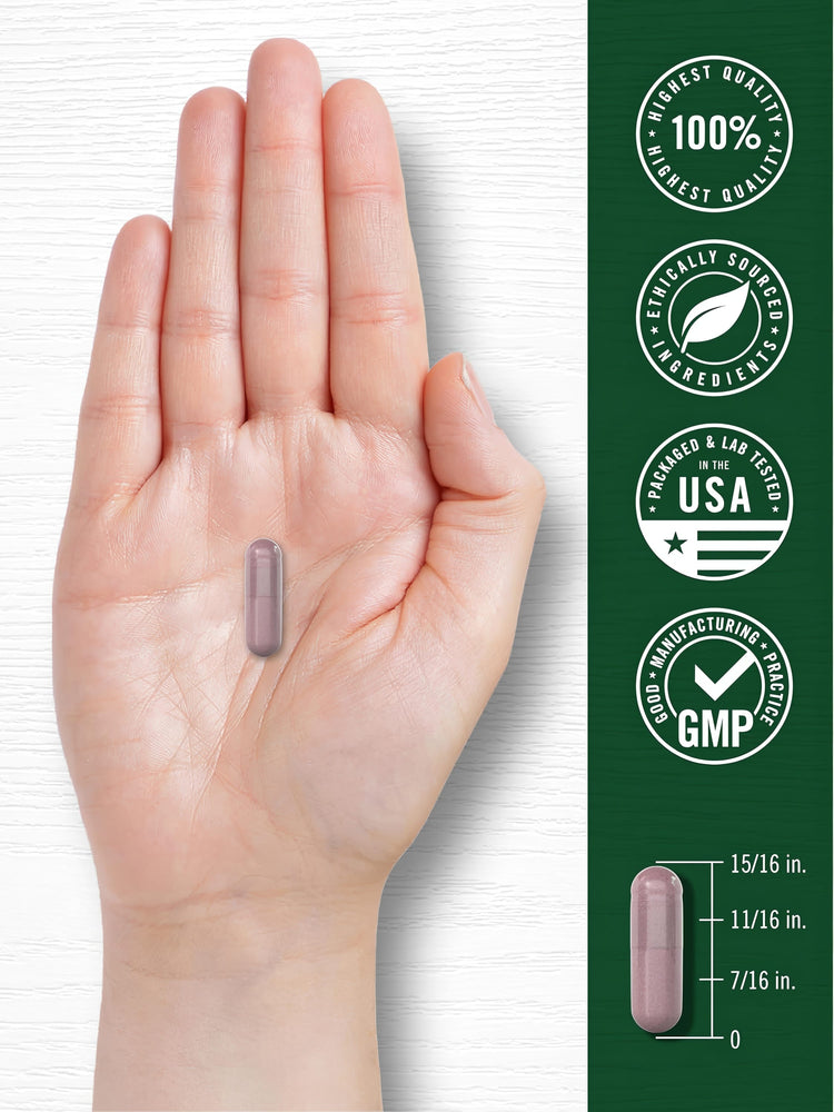 Infographic stating the product's highest quality at 100%, ethically sourced, USA packaged, lab tested, GMP. Capsule is 15/16 inch.