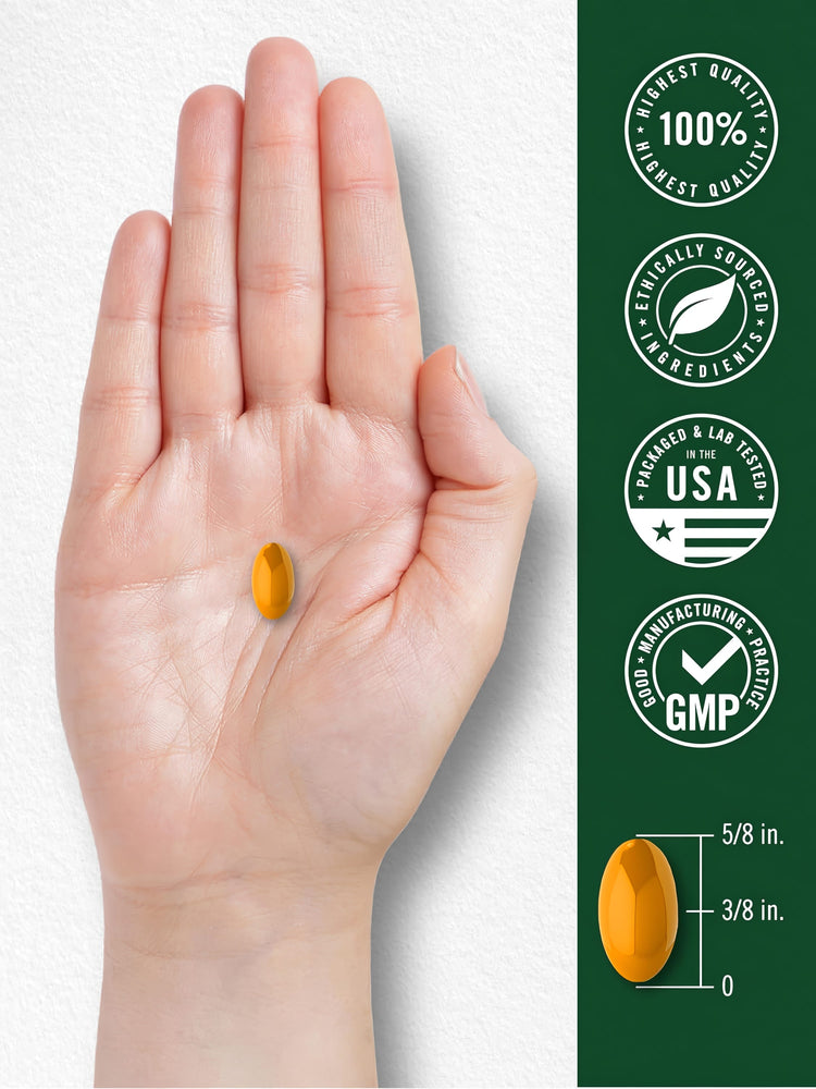 An orange softgel in a hand, sized at 5/8 inch long and 3/8 inch wide.
