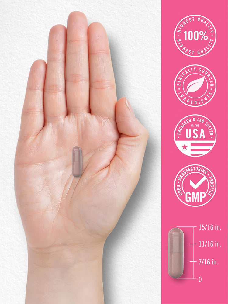 Infographic stating highest quality, ethically sourced, packaged, lab tested in USA, GMP certified, capsule size 15/16 in.