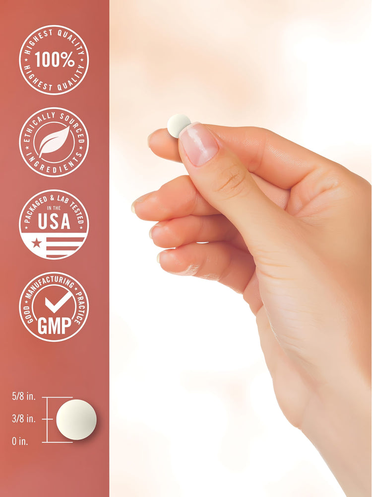 Chewable Vit C tablet held by hand, 5/8 in. x 3/8 in. Infographic: 100% HIGHEST QUALITY, ETHICALLY SOURCED, LAB TESTED IN USA, GMP.