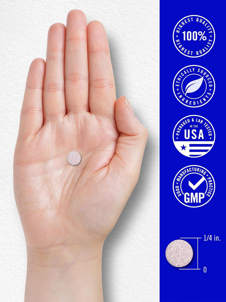 Carlyle Timed Release Vitamin B-12 1000 mcg tablet, 1/4 inch in diameter, held in a hand.