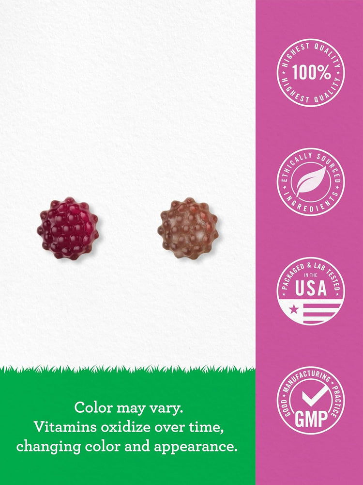 Infographic showing gummy color change due to oxidation; emphasizes top quality, ethical sourcing, packaging and USA lab testing, GMP.