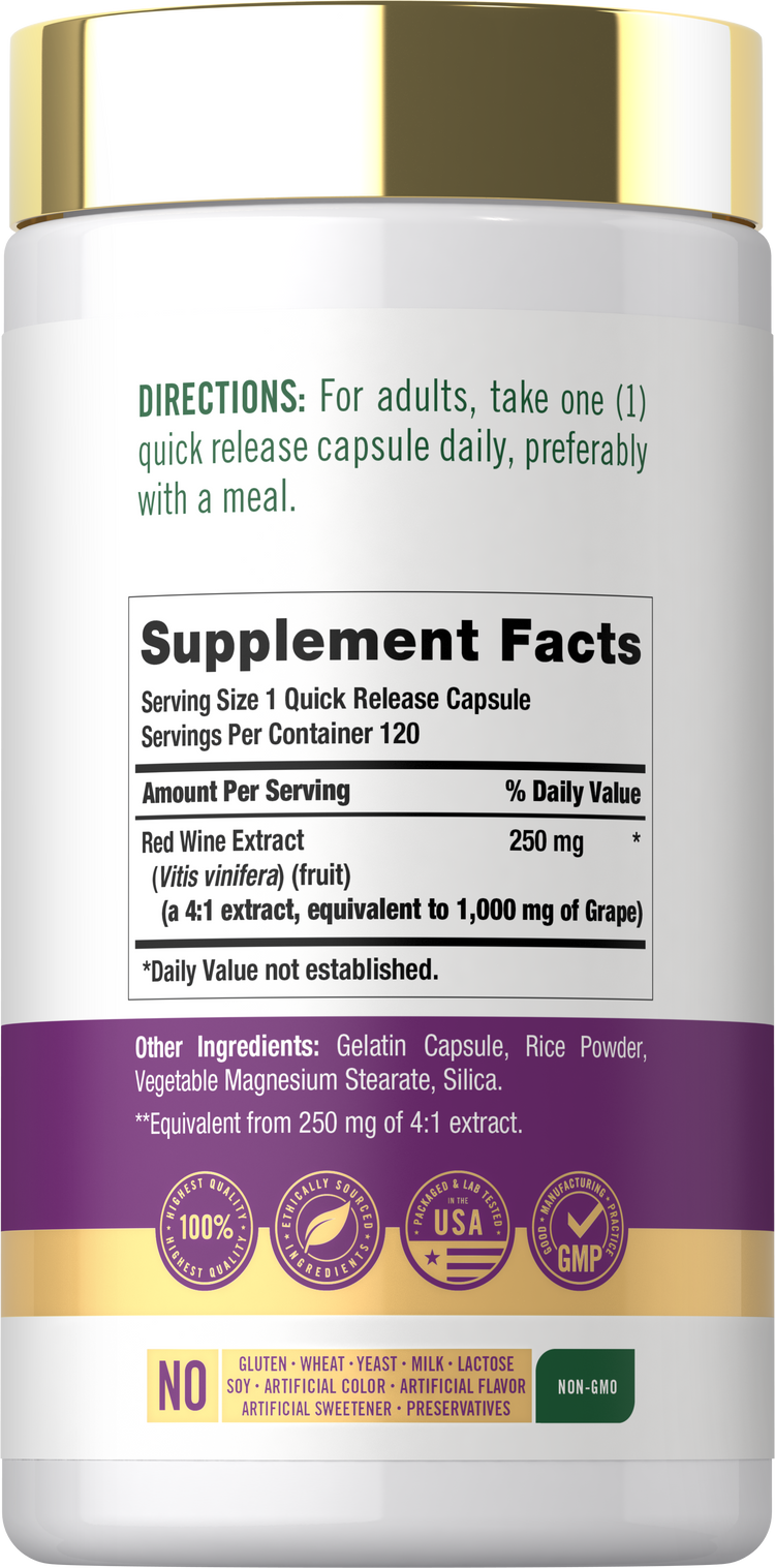 The Supplement Facts panel for CL Carlyle Red Wine Extract 1000 mg, 120 Capsules, is shown.