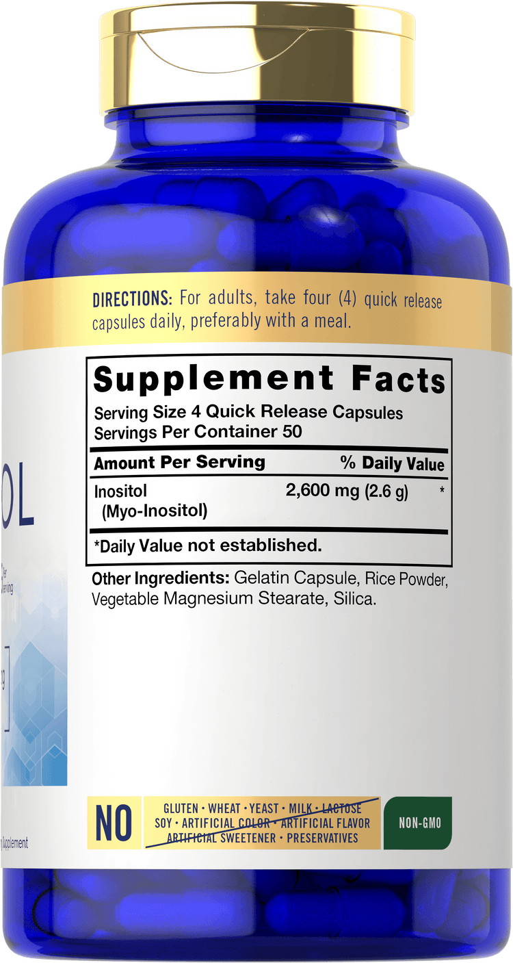 Back label / Supplement Facts showing serving size 4 quick release capsules, 2,600 mg (2.6 g) Myo-Inositol per serving, directions, other ingredients, and dietary attribute icons.