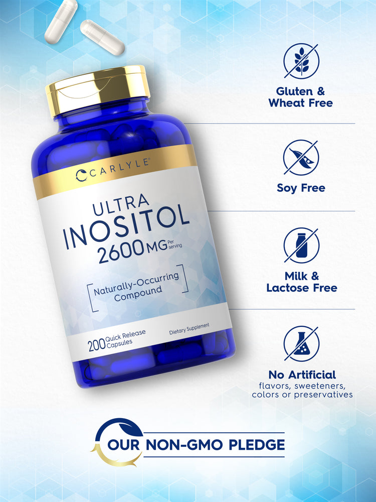 Inositol 2600 mg bottle with icons indicating Gluten & Wheat Free, Soy Free, Milk & Lactose Free, No Artificial flavors, sweeteners, colors or preservatives, and Our Non-GMO Pledge.