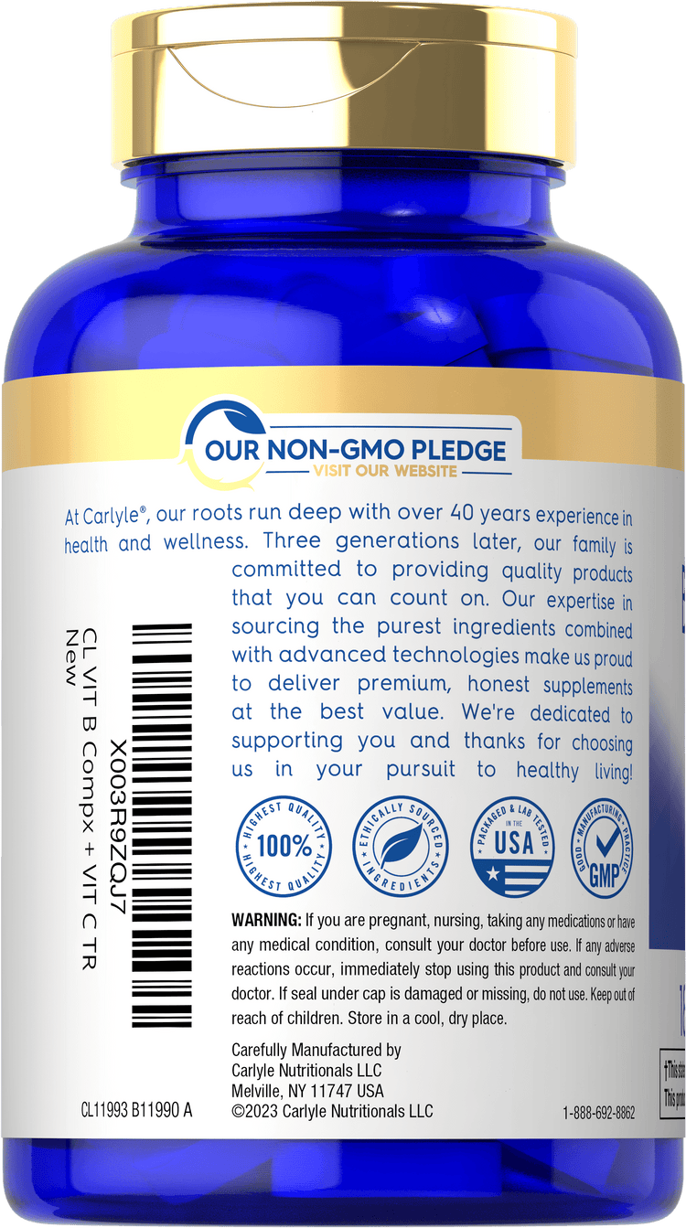Back label with Our Non-GMO Pledge, brand information, quality badges, warning, and barcode.