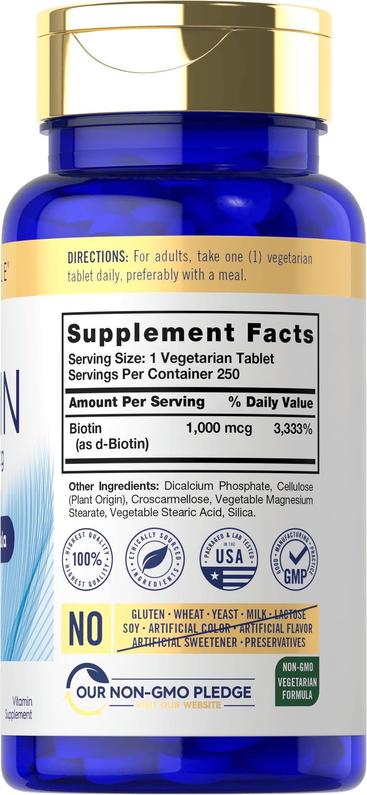 Back label / Supplement Facts panel for Biotin vegetarian tablets, with dietary attribute and quality icons