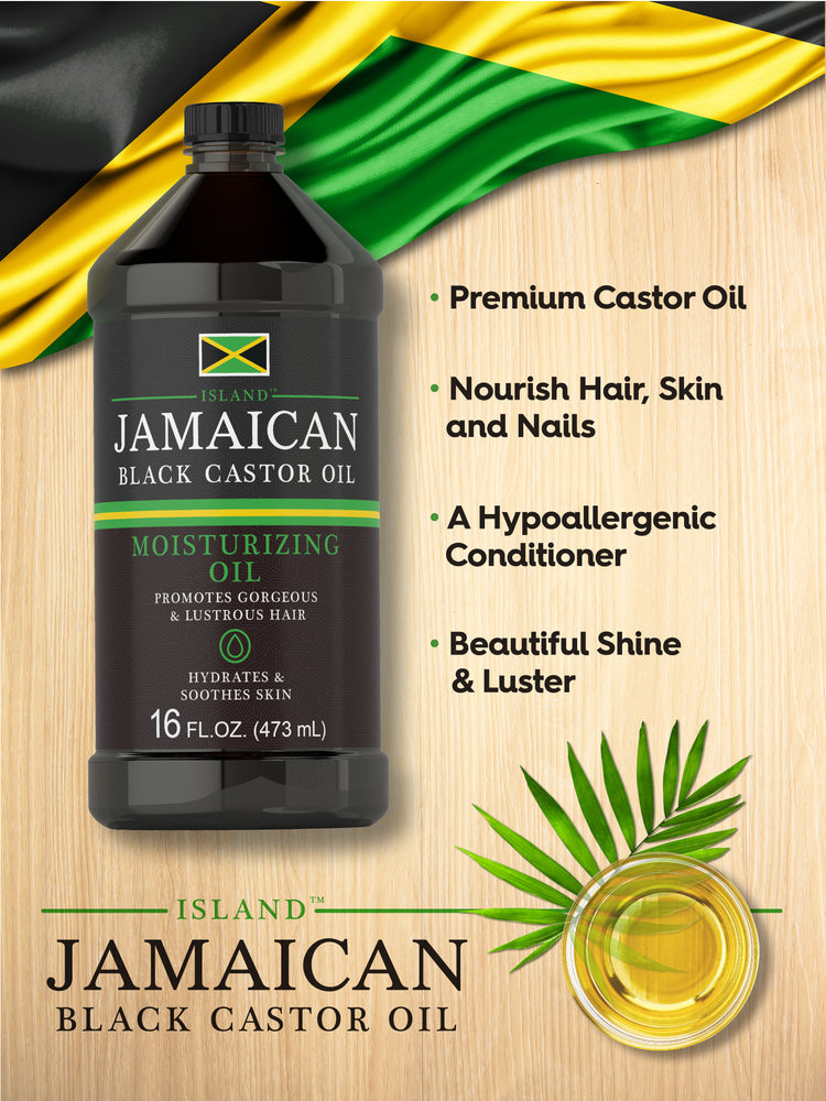 Graphic stating Premium Castor Oil, Nourish Hair, Skin and Nails, A Hypoallergenic Conditioner, Beautiful Shine & Luster, with Island Jamaican Black Castor Oil bottle and Jamaican flag.