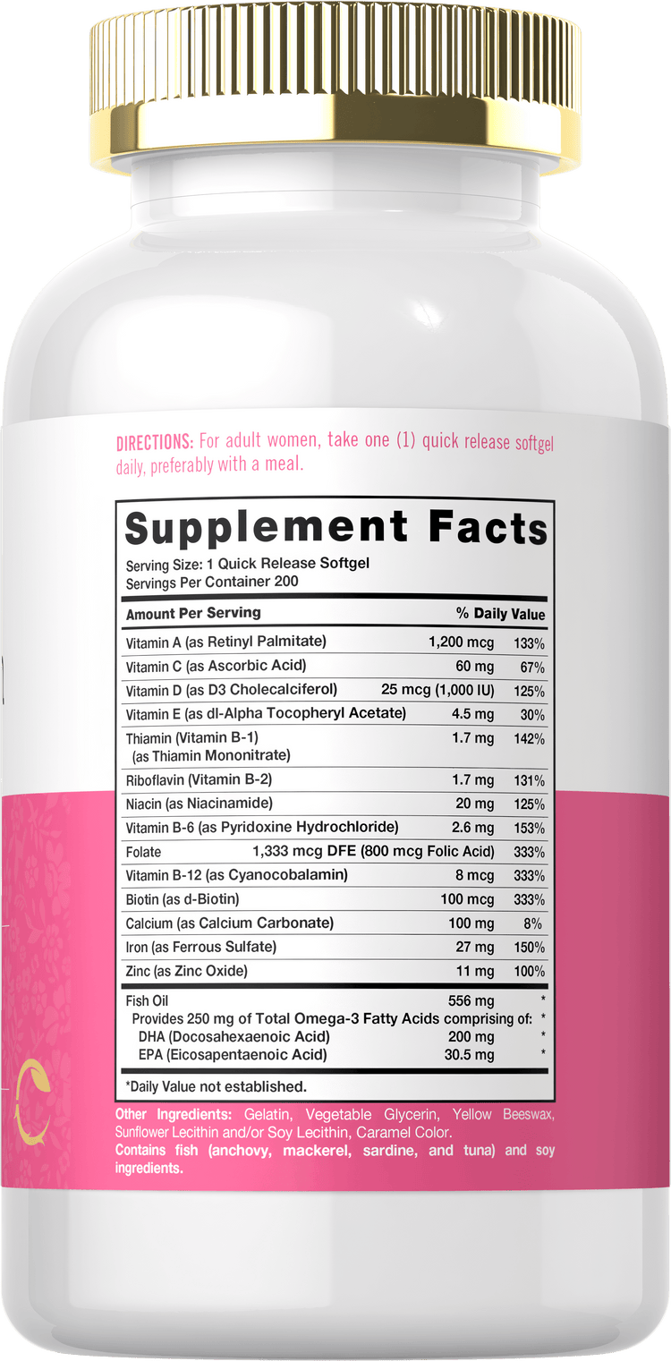 Supplement Facts panel for Carlyle Multivitamin for Her with Iron, 200 Softgels.