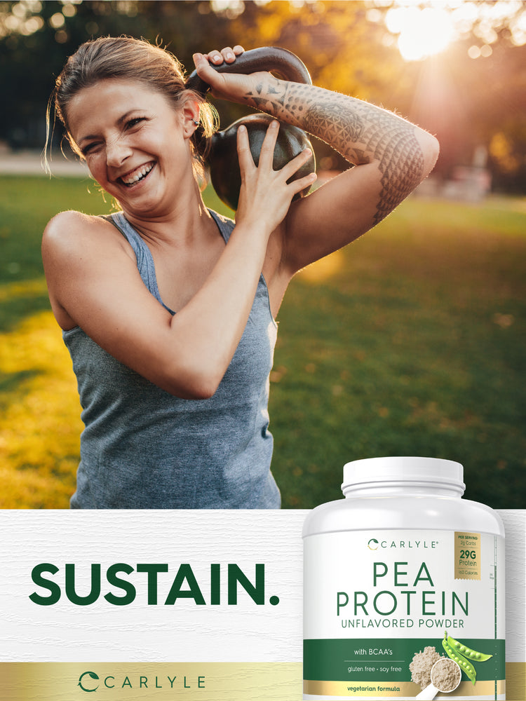 Woman smiling while exercising with a kettlebell, next to a Pea Protein Powder.