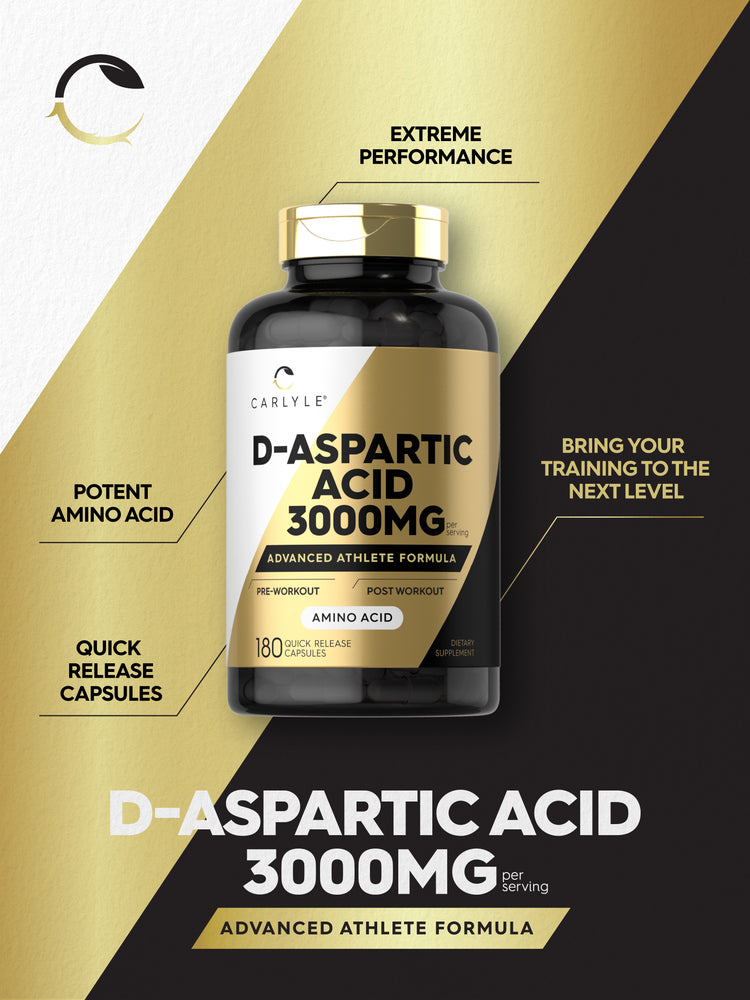 Carlyle D-Aspartic Acid 3000 mg Quick Release Capsules, stating Extreme Performance, Potent Amino Acid, Quick Release Capsules, Bring Your Training to the Next Level, and Advanced Athlete Formula.