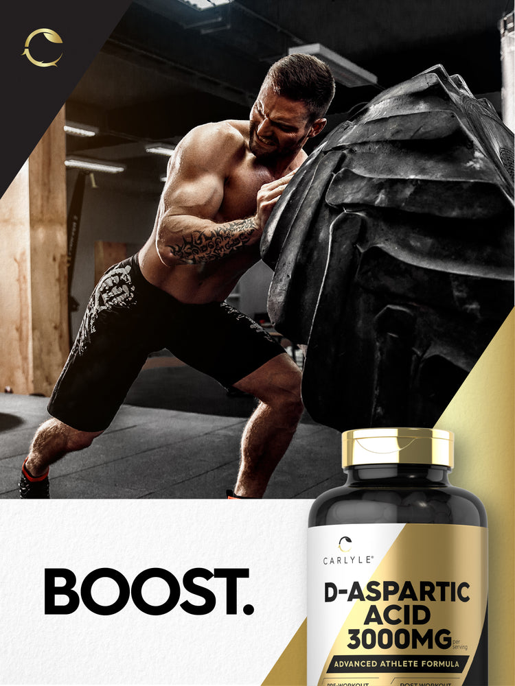 Lifestyle image of a man flipping a large tire during a workout, with Carlyle D-Aspartic Acid 3000 mg bottle and graphic stating BOOST.