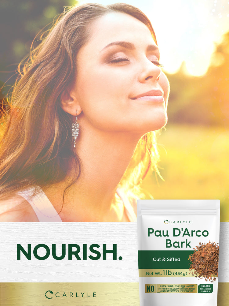 Lifestyle image of woman with eyes closed in sunlight alongside Carlyle Pau D’Arco Bark Cut & Sifted, with graphic stating NOURISH.