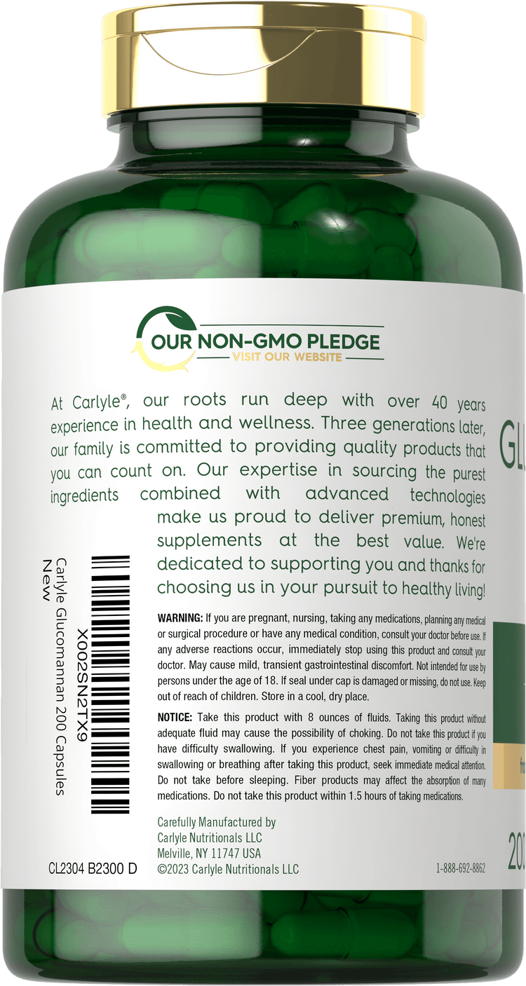 Back bottle label for Glucomannan Quick Release Capsules, featuring Carlyle's Our Non-GMO Pledge, company information, and product warnings.