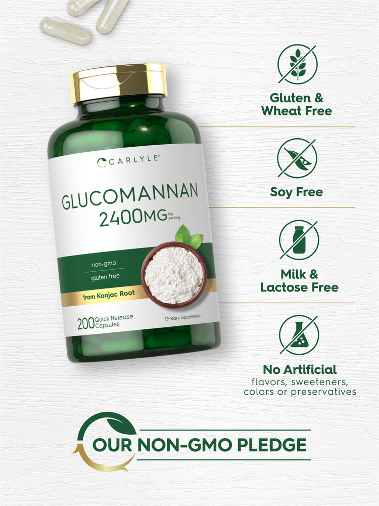 Glucomannan 2400 mg bottle with icons indicating Gluten & Wheat Free, Soy Free, Milk & Lactose Free, No Artificial flavors, sweeteners, colors or preservatives