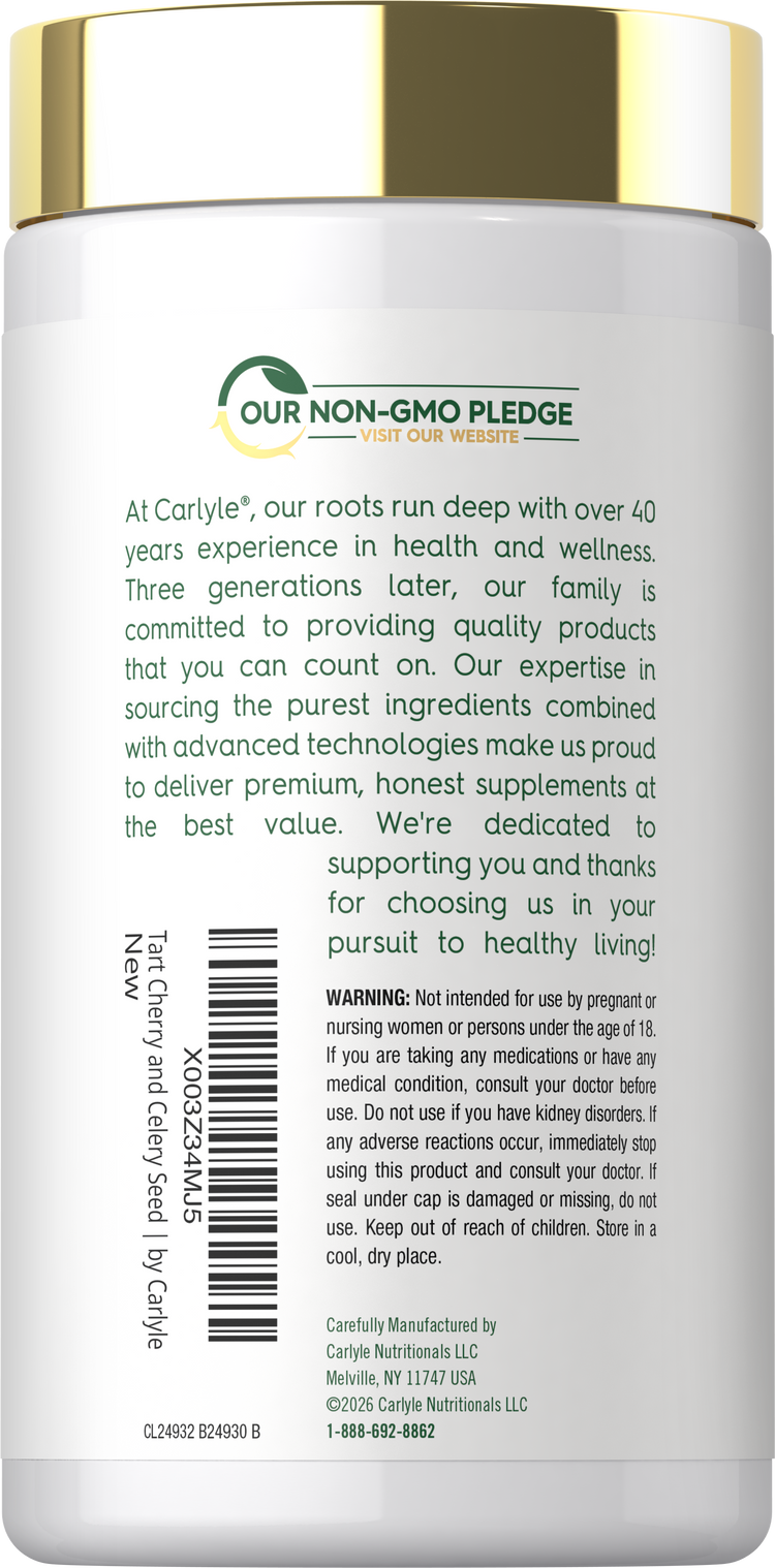 Side label showing Our Non-GMO Pledge, Carlyle brand information, warning, barcode, and manufacturer details.