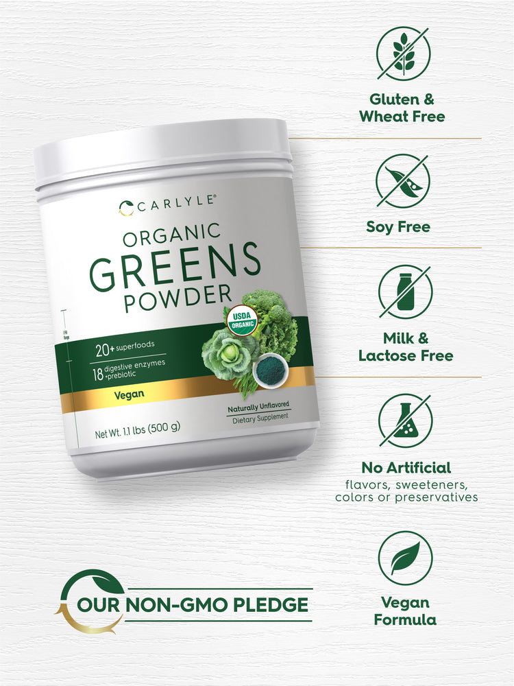 icons indicating Gluten & Wheat Free, Soy Free, Milk & Lactose Free, No Artificial flavors, sweeteners, colors or preservatives, Our Non-GMO Pledge, and Vegan Formula.