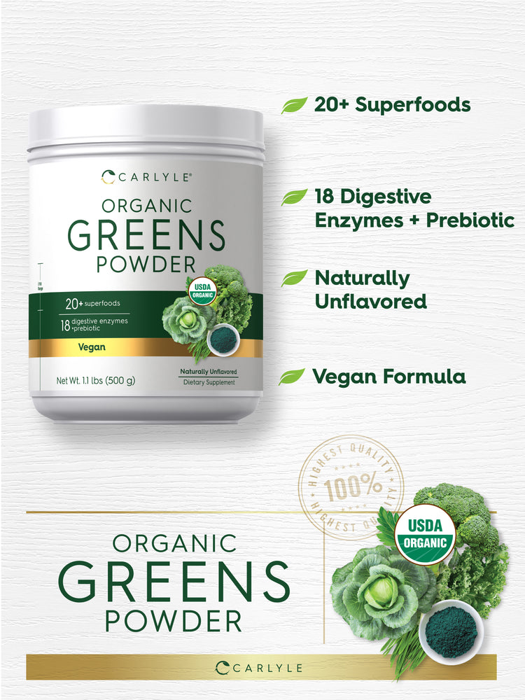 graphic stating 20+ Superfoods, 18 Digestive Enzymes + Prebiotic, Naturally Unflavored, Vegan Formula, 100% Highest Quality, and USDA Organic.