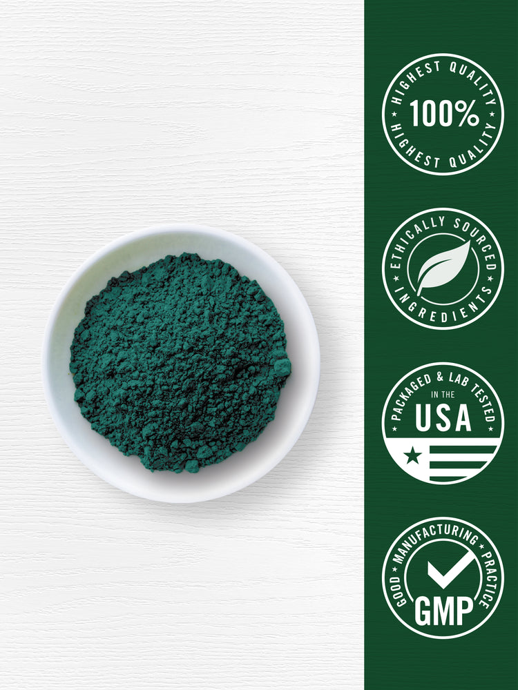 Graphic showing blue-green supplement powder with quality badges stating Highest Quality 100%, Ethically Sourced Ingredients, Packaged & Lab Tested in the USA