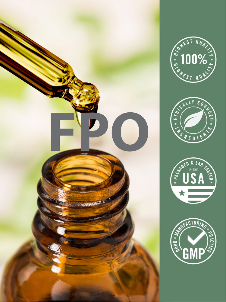 Dropper dispensing golden liquid into amber bottle with quality badges stating Finest Quality 100%, Ethically Sourced Ingredients, Packaged & Lab Tested USA