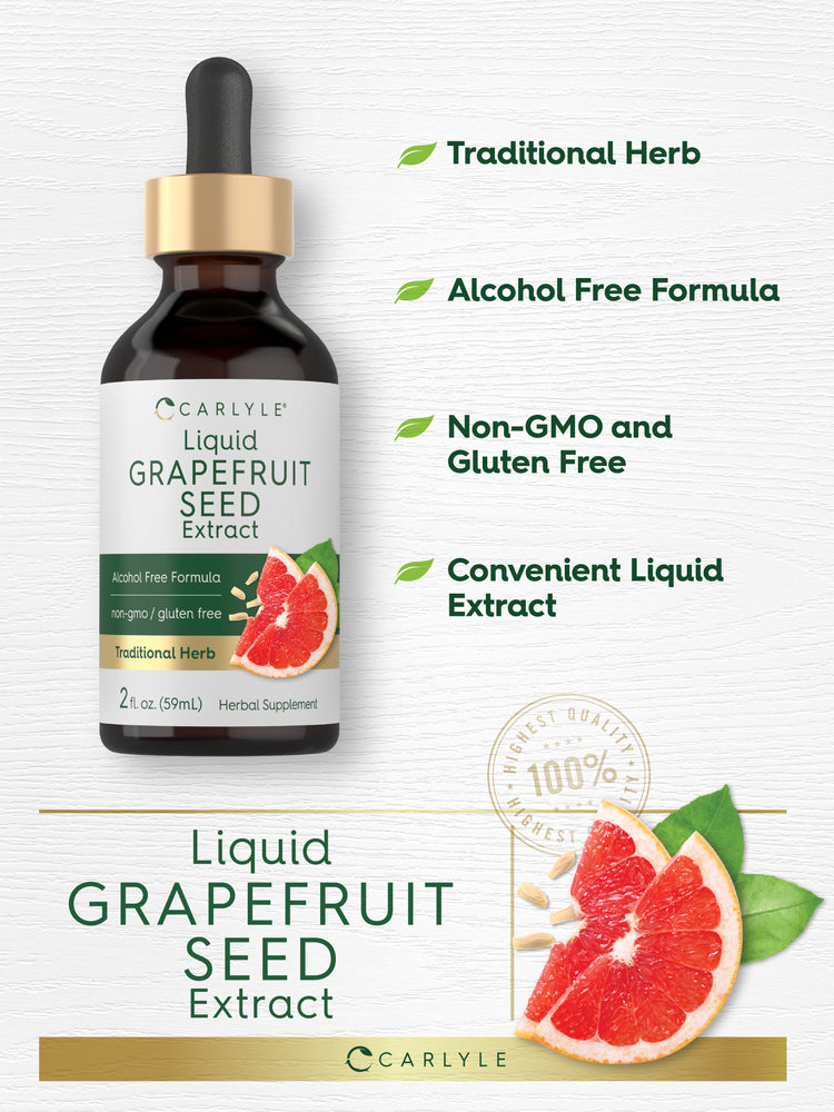 Product graphic stating Traditional Herb, Alcohol Free Formula, Non-GMO and Gluten Free, Convenient Liquid Extract, Liquid Grapefruit Seed Extract.