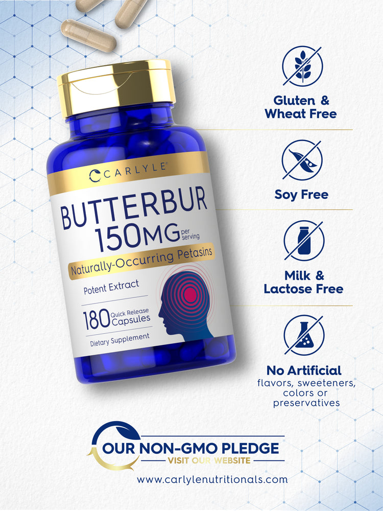 Bottle with icons indicating Gluten & Wheat Free, Soy Free, Milk & Lactose Free, No Artificial flavors, sweeteners, colors or preservatives