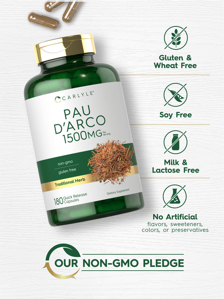 Bottle with capsules and icons indicating Gluten & Wheat Free, Soy Free, Milk & Lactose Free, No Artificial flavors, sweeteners, colors, or preservatives, and Our Non-GMO Pledge.