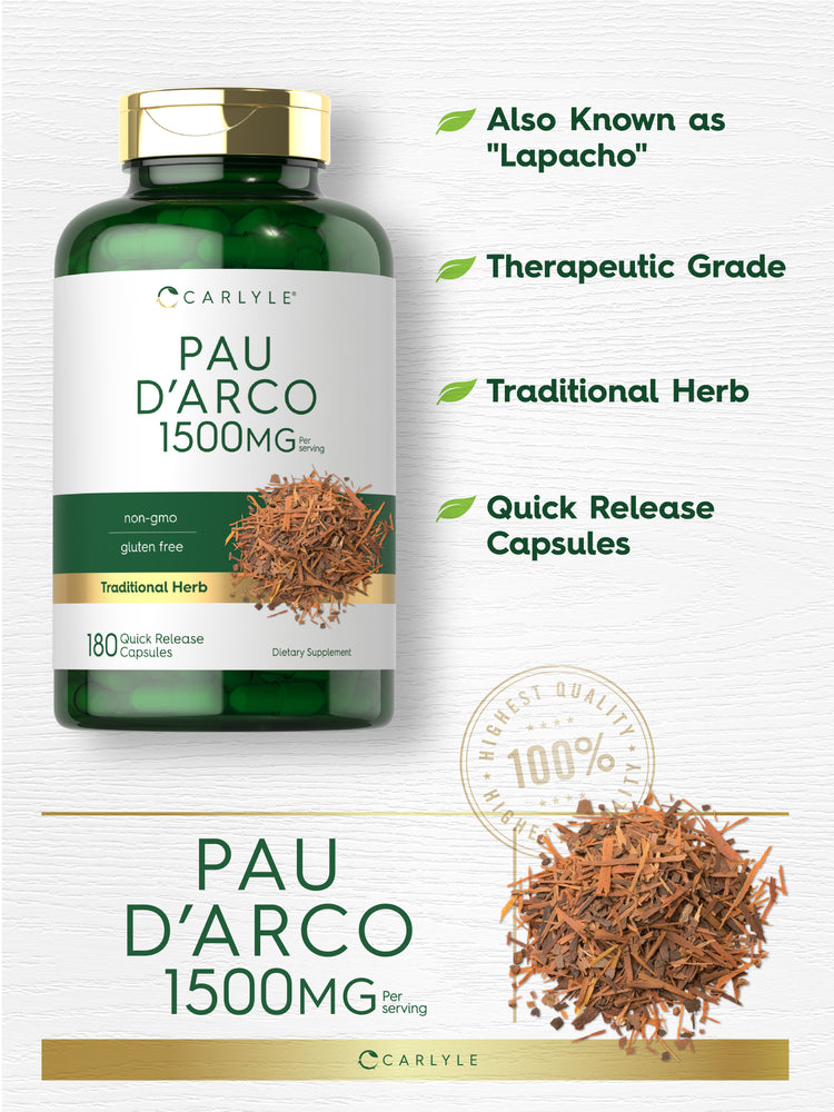 Carlyle Pau D'Arco 1500mg, 180 Quick Release Capsules. Non-GMO, Gluten Free, Traditional Herb, Therapeutic Grade.