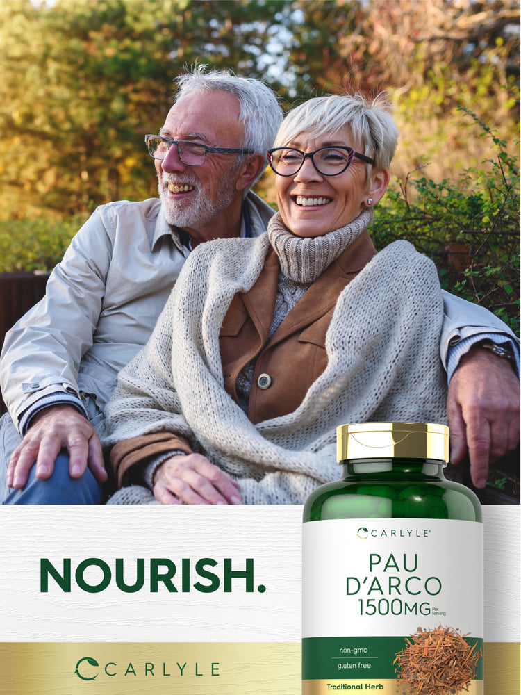 Lifestyle image of smiling older adults sitting outdoors with Pau D’Arco 1500MG supplement bottle and graphic stating NOURISH.