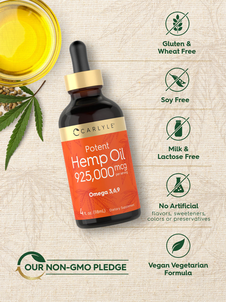 Hemp Oil bottle with icons indicating Gluten & Wheat Free, Soy Free, Milk & Lactose Free, No Artificial Additives, Non-GMO, Vegan.