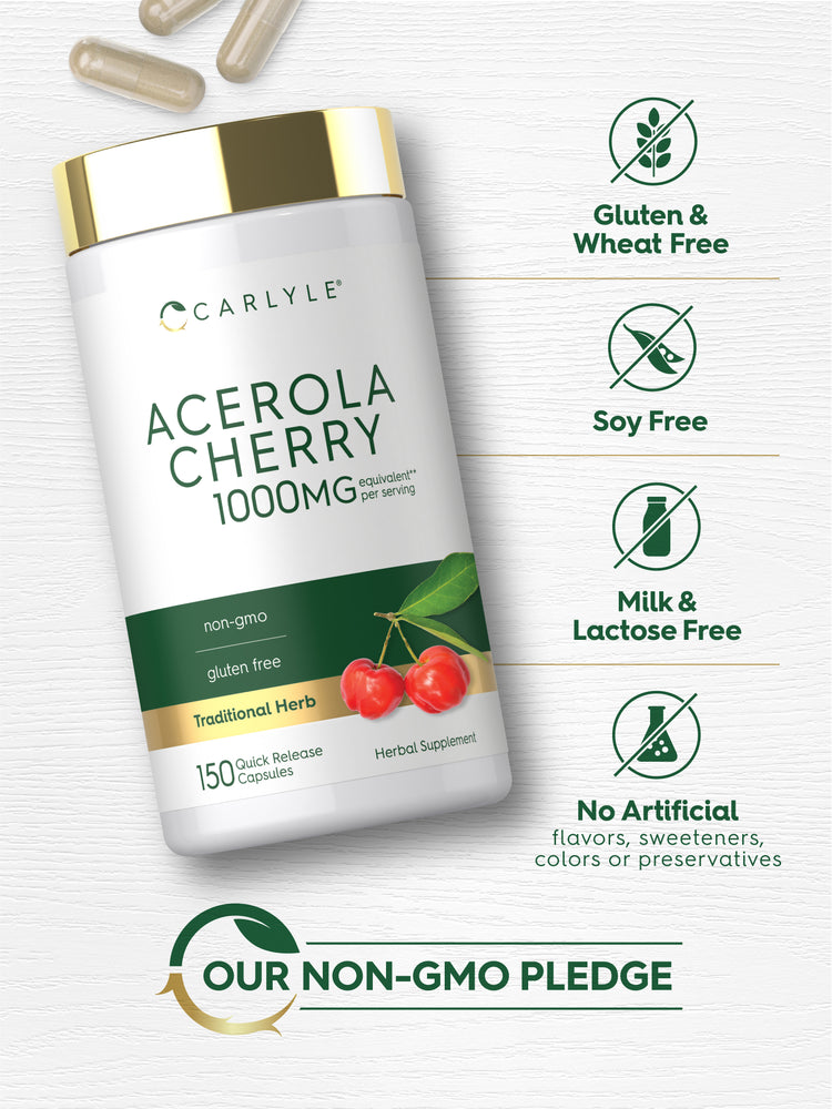 Carlyle Acerola Cherry 1000MG bottle with icons indicating Gluten & Wheat Free, Soy Free, Milk & Lactose Free, No Artificial flavors, sweeteners, colors or preservatives, and Our Non-GMO Pledge.
