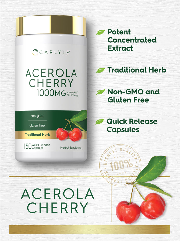 Product highlights graphic stating Potent Concentrated Extract, Traditional Herb, Non-GMO and Gluten Free, Quick Release Capsules; Carlyle Acerola Cherry 1000MG bottle with acerola cherries shown