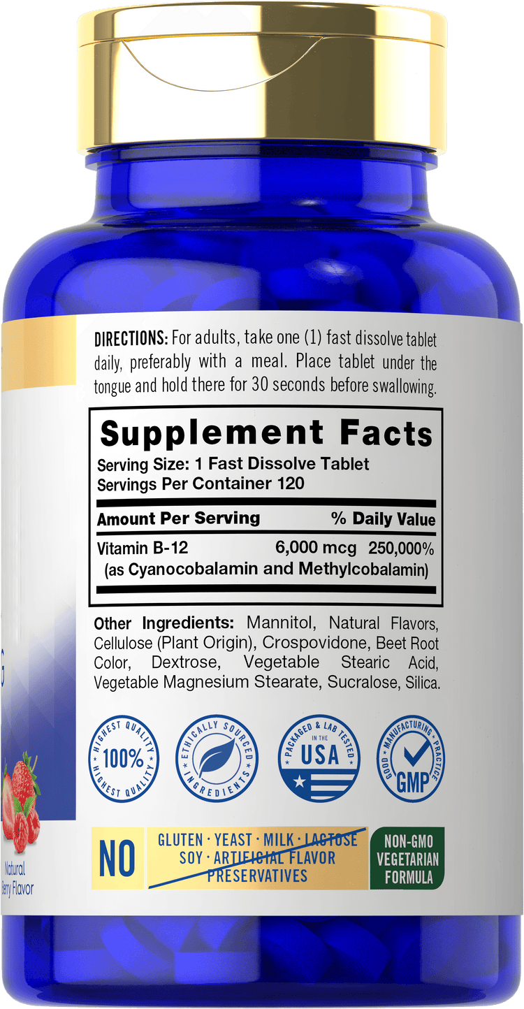 Back label / Supplement Facts for Vitamin B-12, showing 6,000 mcg per serving, 120 servings per container
