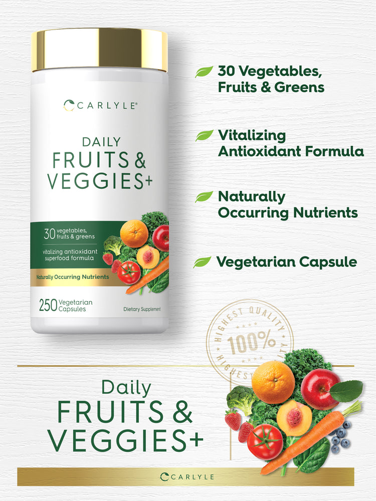 Carlyle Daily Fruits & Veggies+ 250 Vegetarian Capsules, with 30 vegetables, fruits & greens, vitalizing antioxidant superfood formula.
